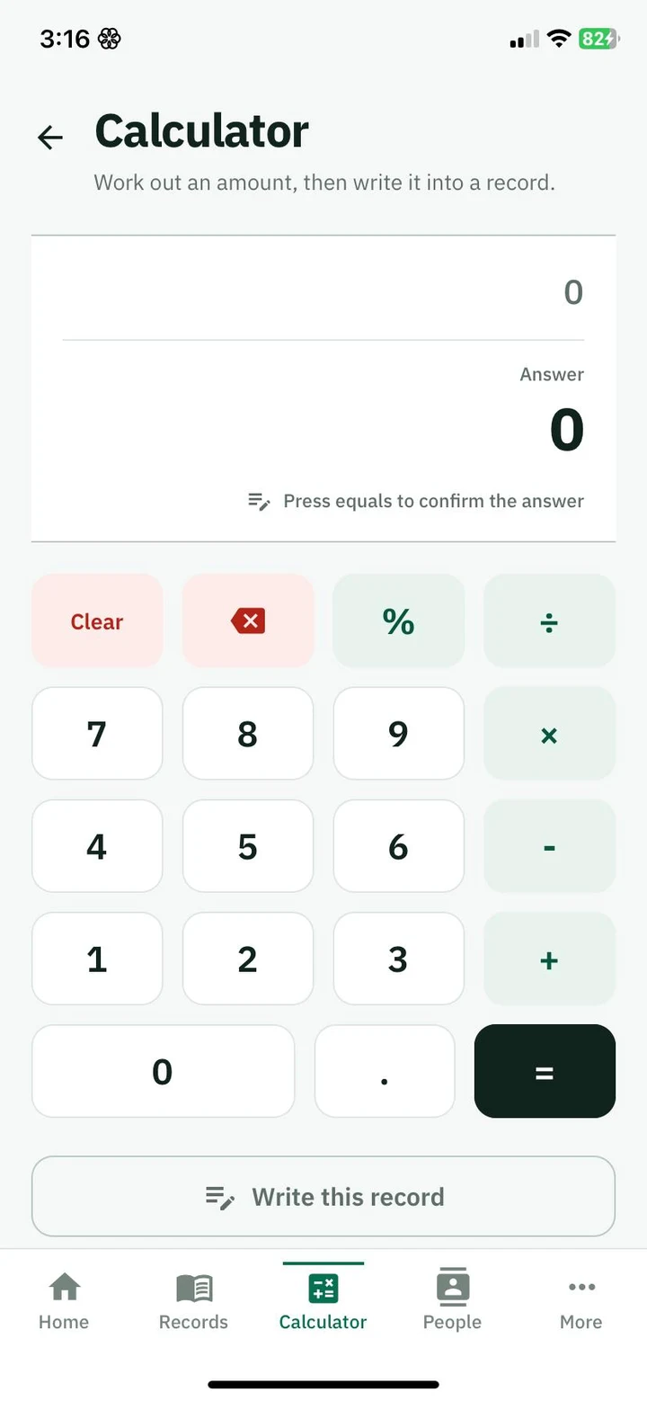 BalanceBook calculator with write this record action