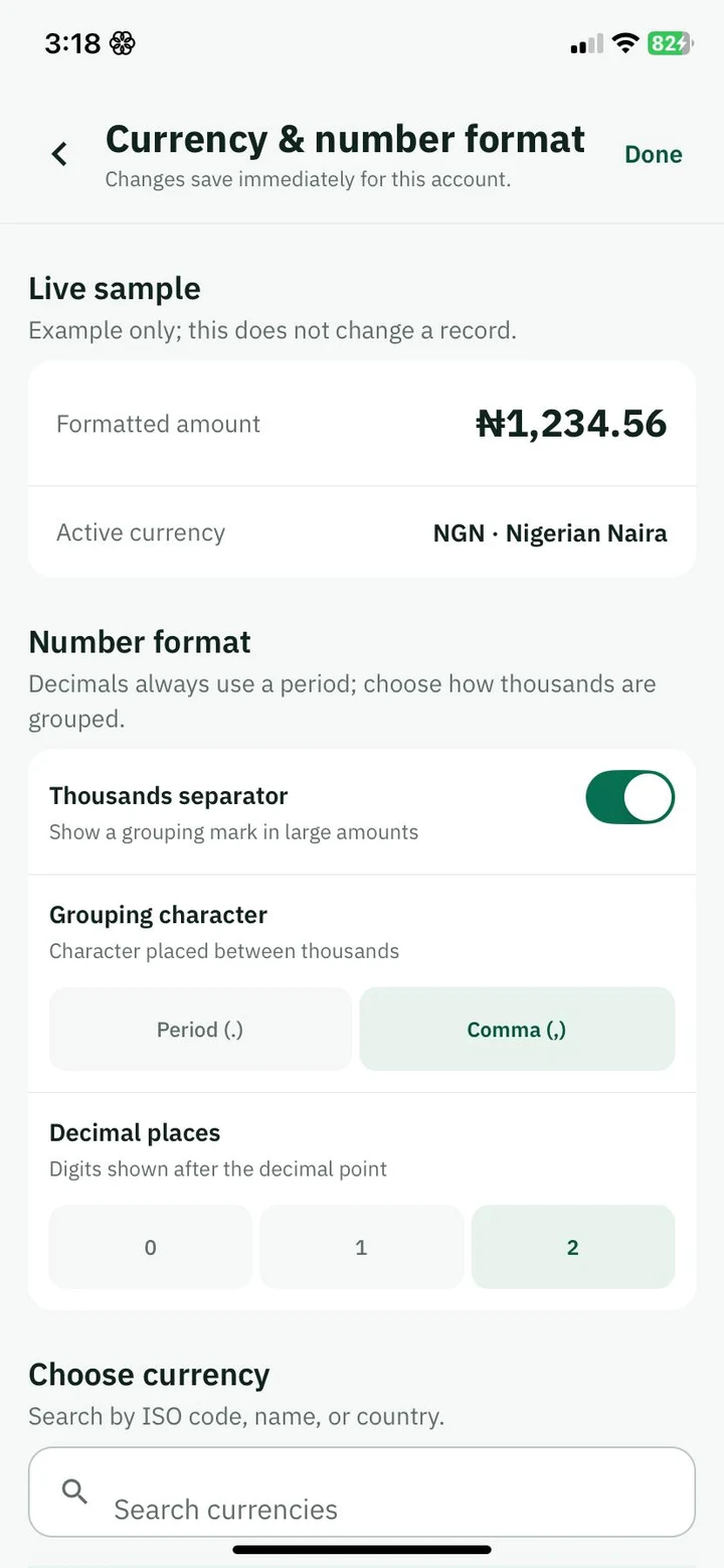 BalanceBook currency and number format settings
