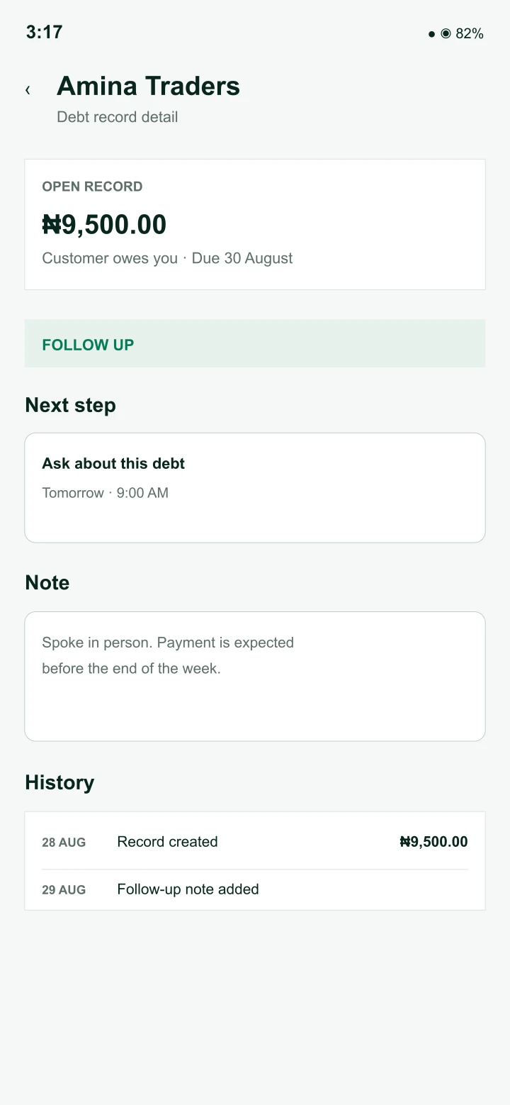 Privacy-safe BalanceBook debt detail showing next step, note and history