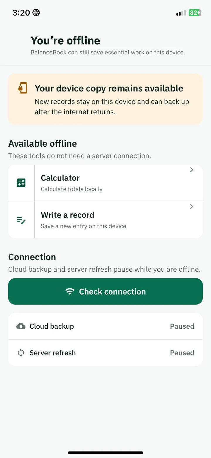 BalanceBook offline status screen