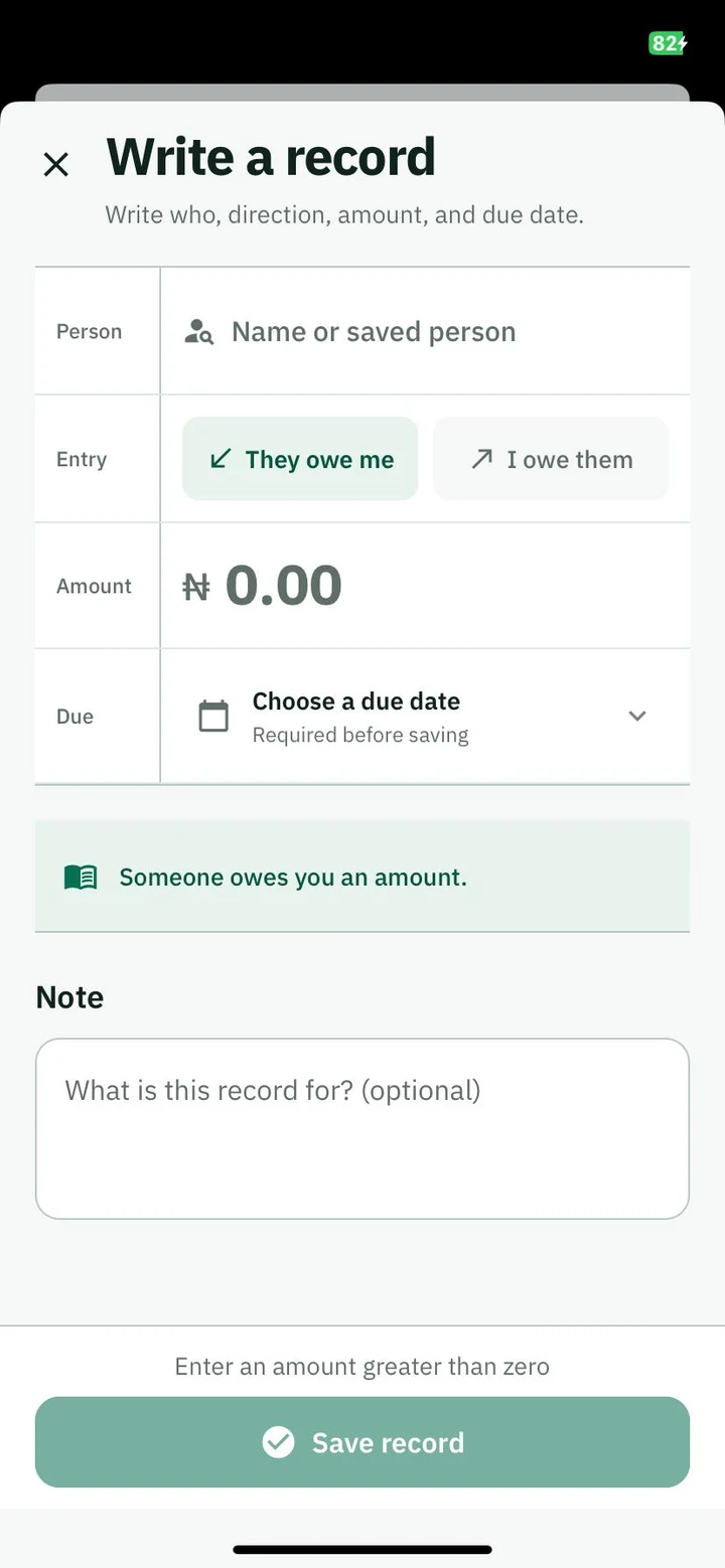 BalanceBook form for writing a debt record